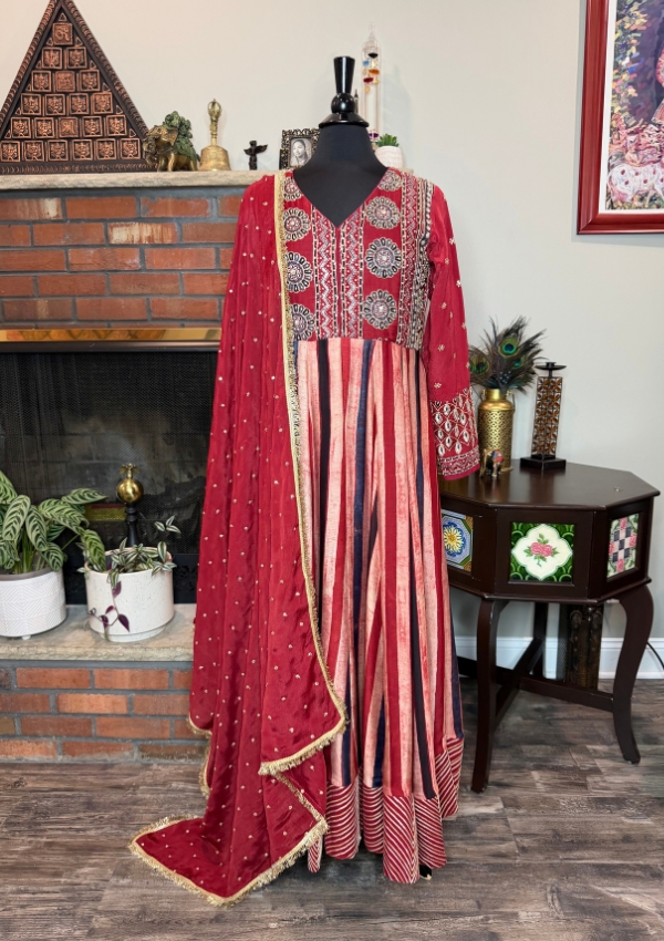 Red Black Ajrakh Anarkali Suit